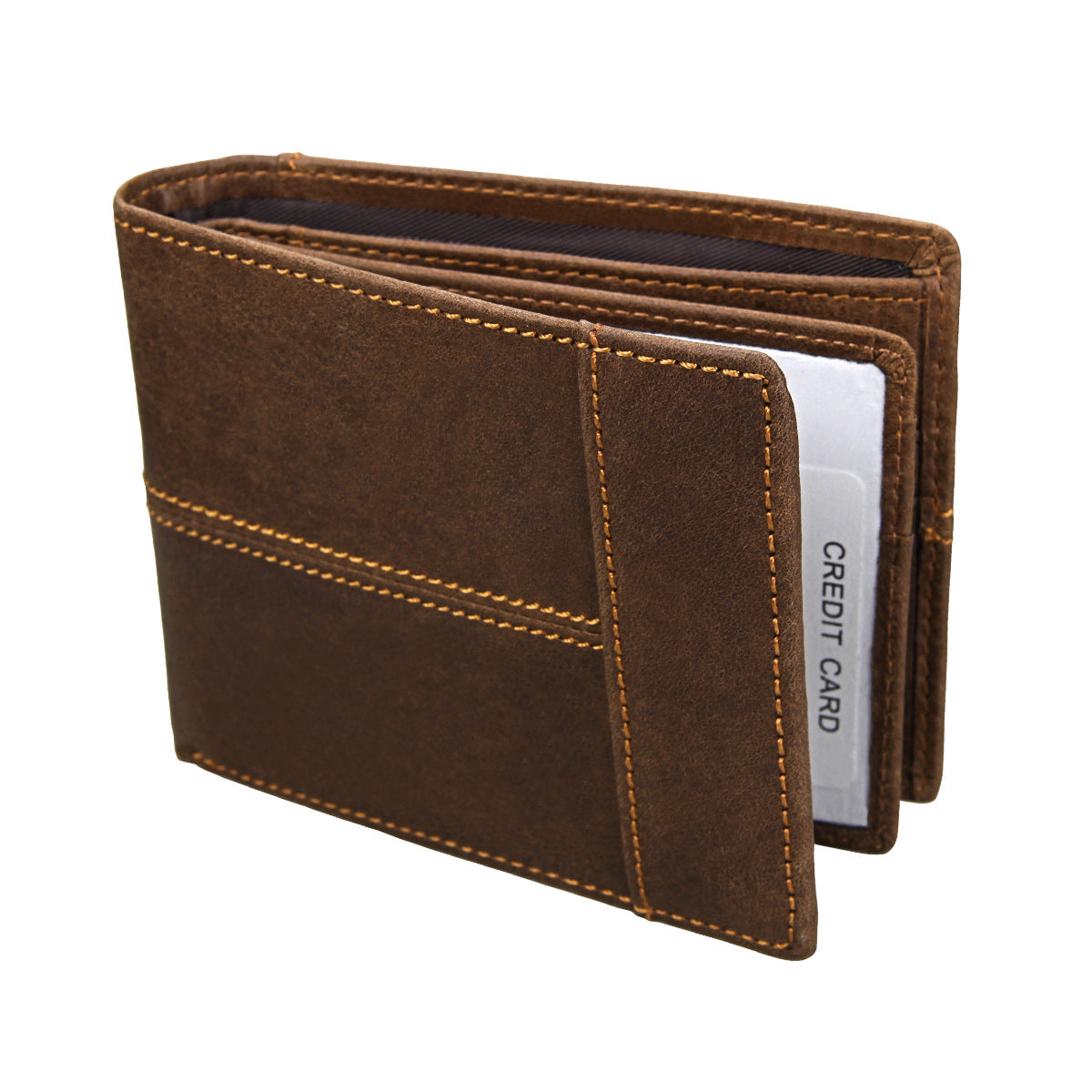 Brown leather wallet with visible stitching on a white background