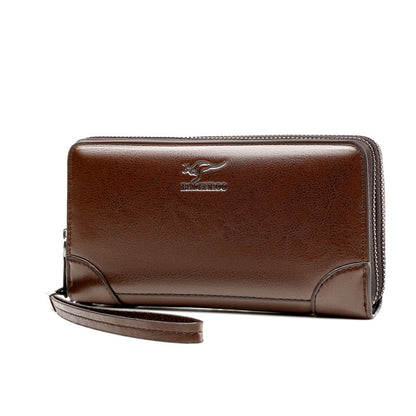 Brown leather wallet with a brand logo on a white background