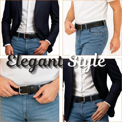 Collage of a person wearing a suit, white shirt, blue jeans, and black belt with 'Elegant Style' text.