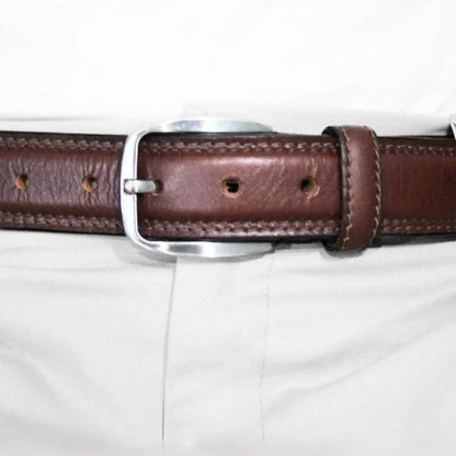 Brown leather belt with a silver buckle on a white background
