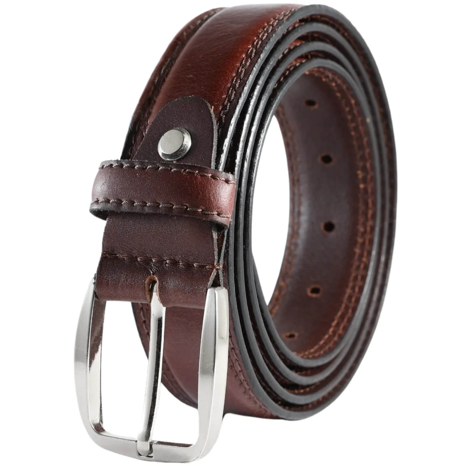 Brown leather belt with silver buckle on a white background