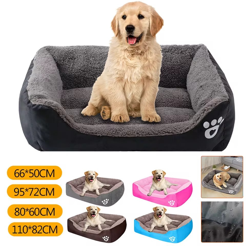 Dog sitting on a gray pet bed with size options displayed below.