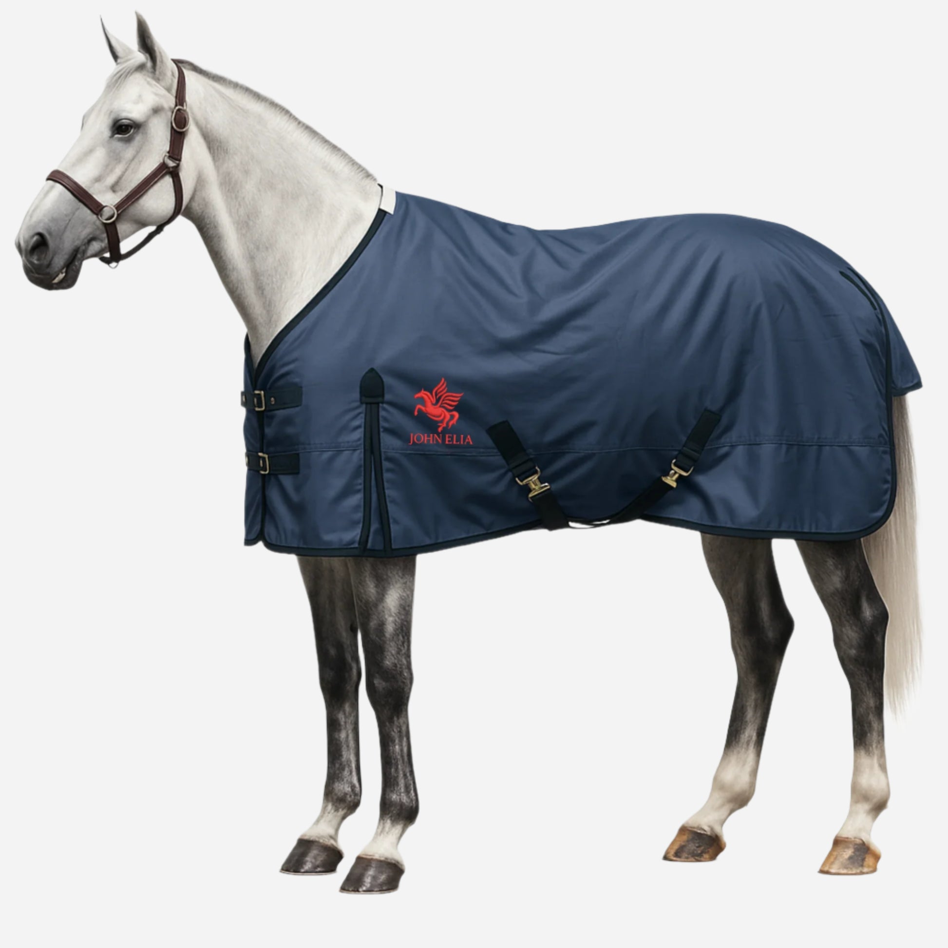 Horse wearing a blue blanket with a visible brand logo on a white background