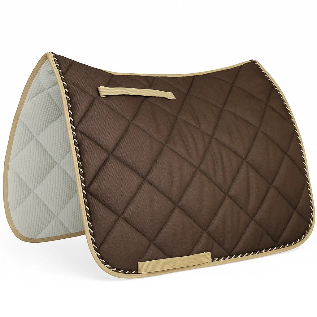 Brown quilted saddle pad with beige trim on a white background