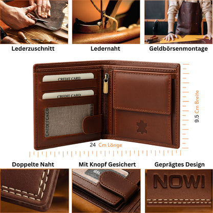 Brown leather wallet with card slots, stitching details, and NOWI branding, shown with measurements.