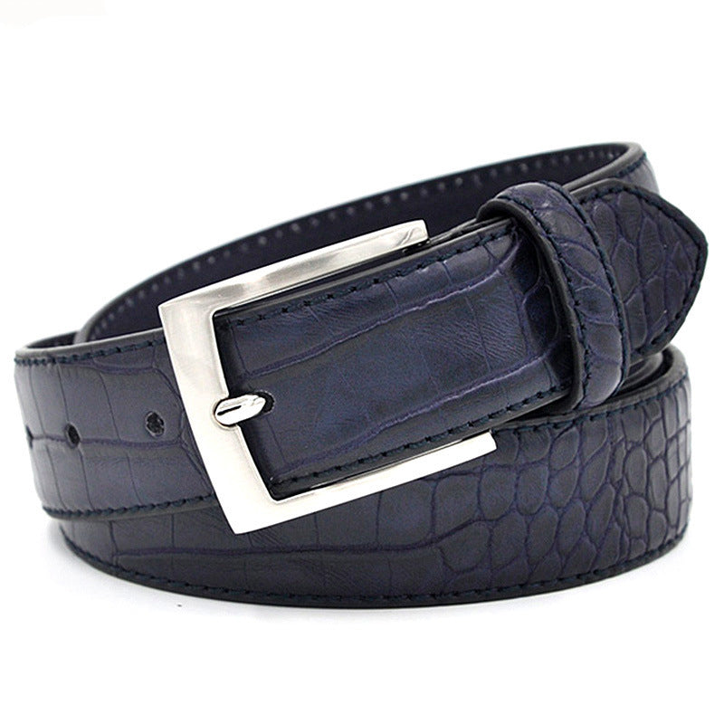 Navy blue leather belt with a silver buckle on a white background