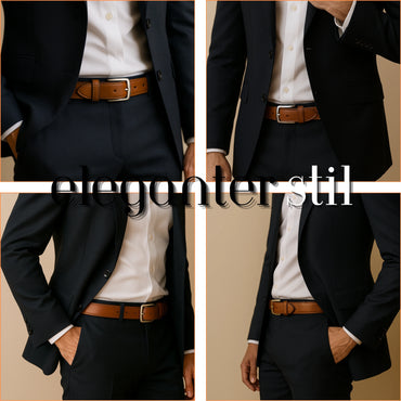 Two views of a person wearing a black suit, white shirt, and brown belt with 'eleganter stil' text.