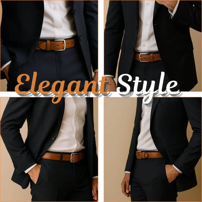Collage of a person wearing a black suit with a white shirt and brown belt, labeled 'Elegant Style'.