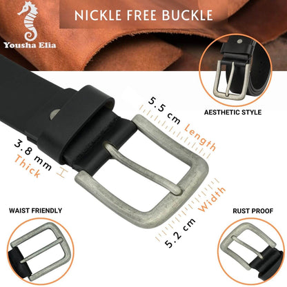 Belt buckle with measurements and features on a white background