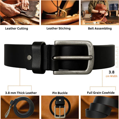 Black leather belt with pin buckle, shown with manufacturing process steps on a wooden background.