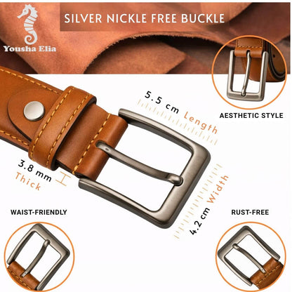 Brown leather belt with silver buckle, featuring specifications and brand name.