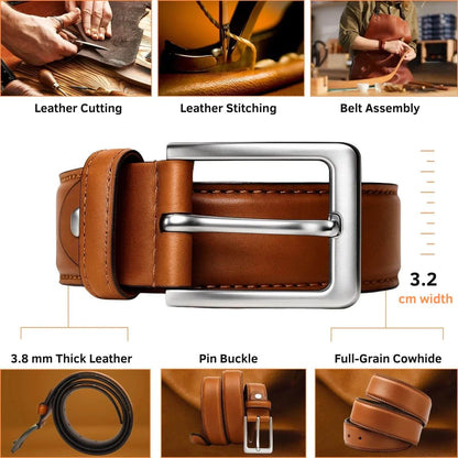 Brown leather belt with silver buckle, showing assembly process steps on a white background.