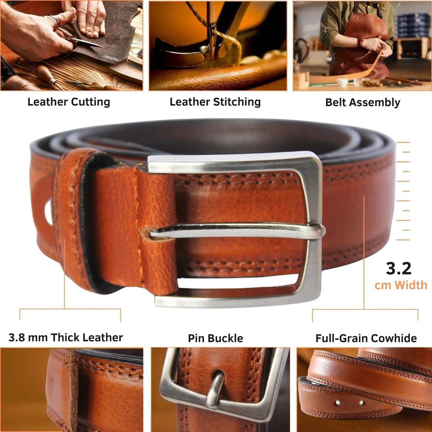 Brown leather belt with metal buckle, showing assembly process and material details.