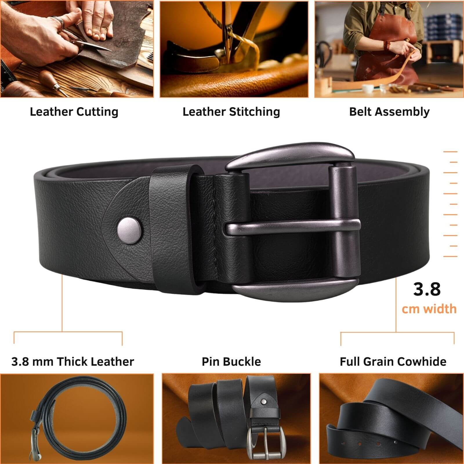 Black leather belt with measurements and assembly process steps on a white background