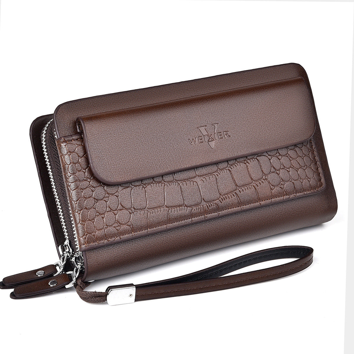 Brown crocodile-patterned clutch bag with a visible brand logo on a white background