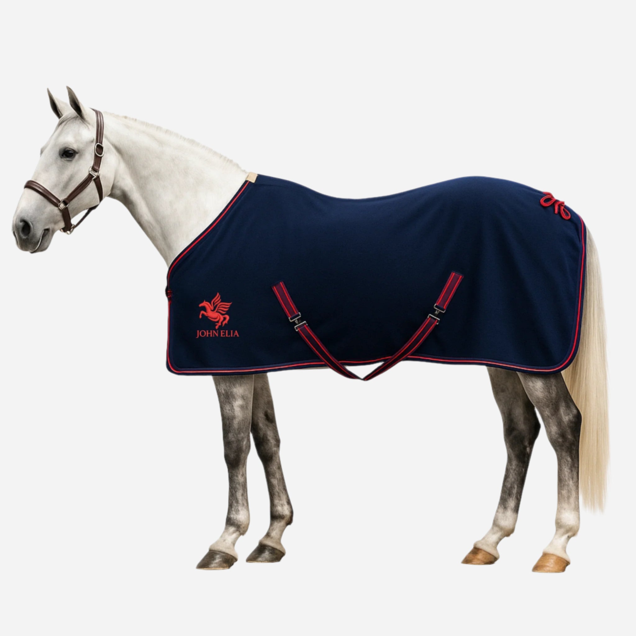 Horse wearing a navy blanket with red trim and logo on a white background