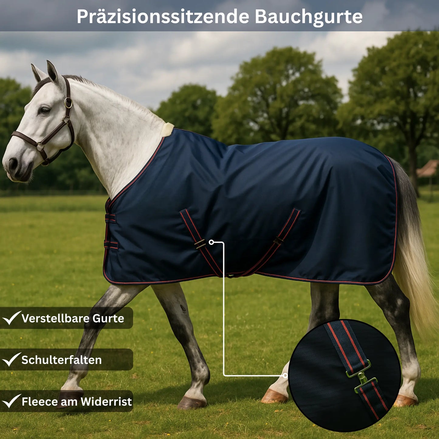 Horse wearing a navy blue rug with adjustable straps in a grassy field.