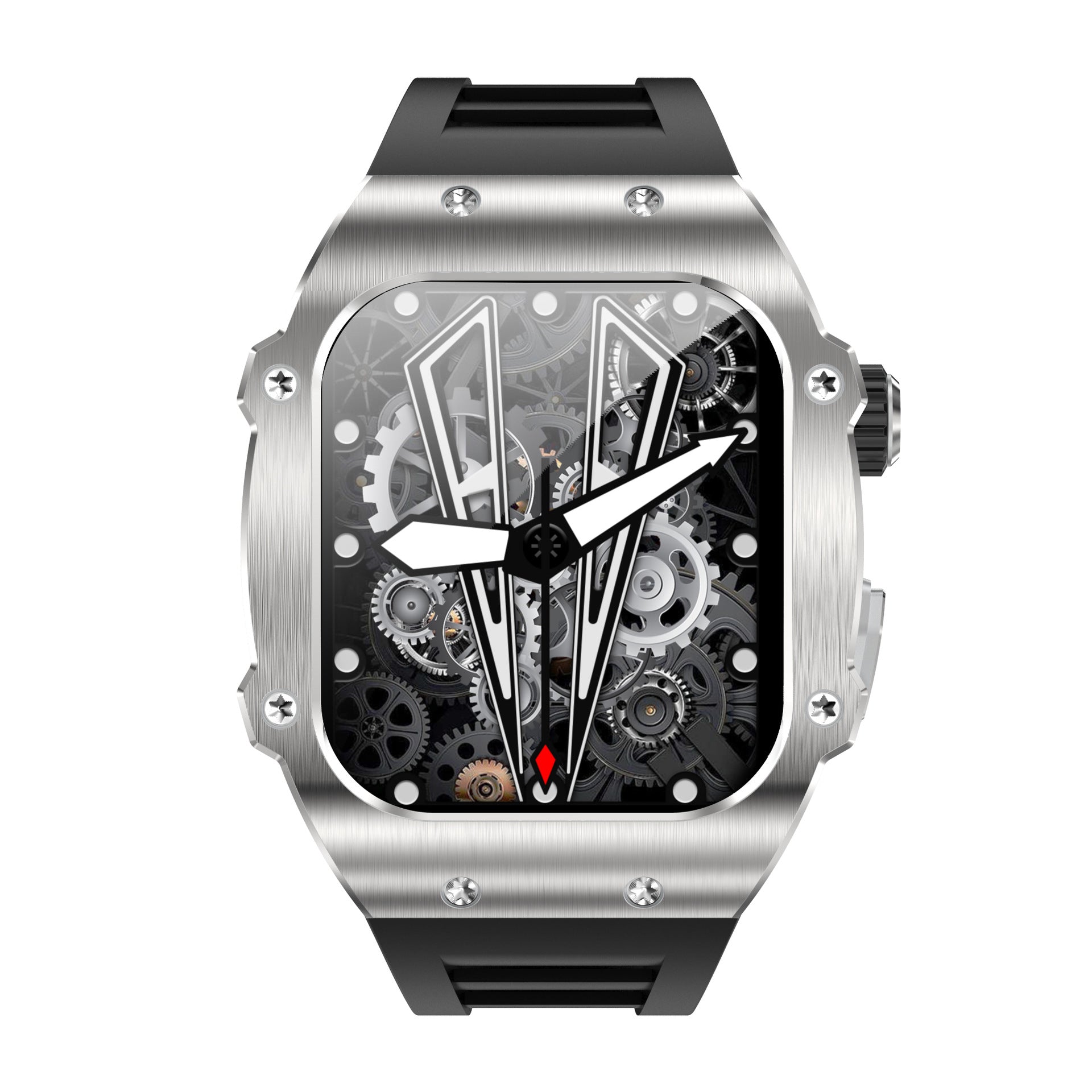 Silver watch with intricate mechanical design on a white background