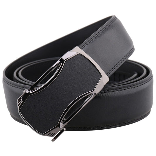 Black leather belt with a silver buckle on a white background