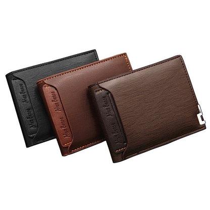 Three leather wallets in black, brown, and coffee color on a white background.