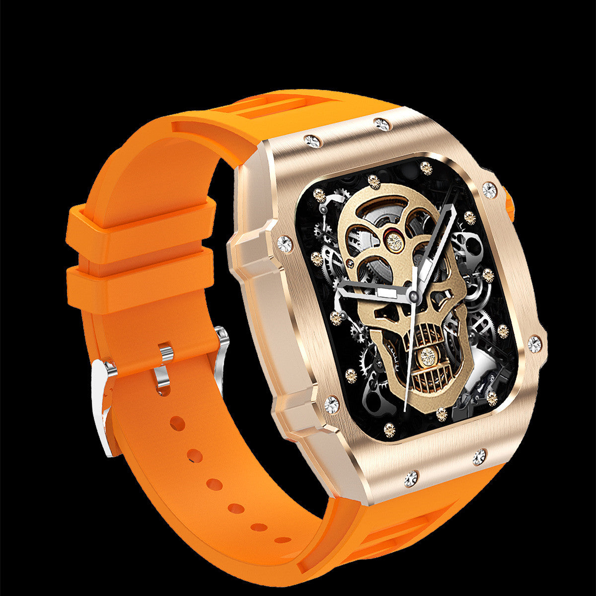 Watch with orange strap and gold skeleton face on black background