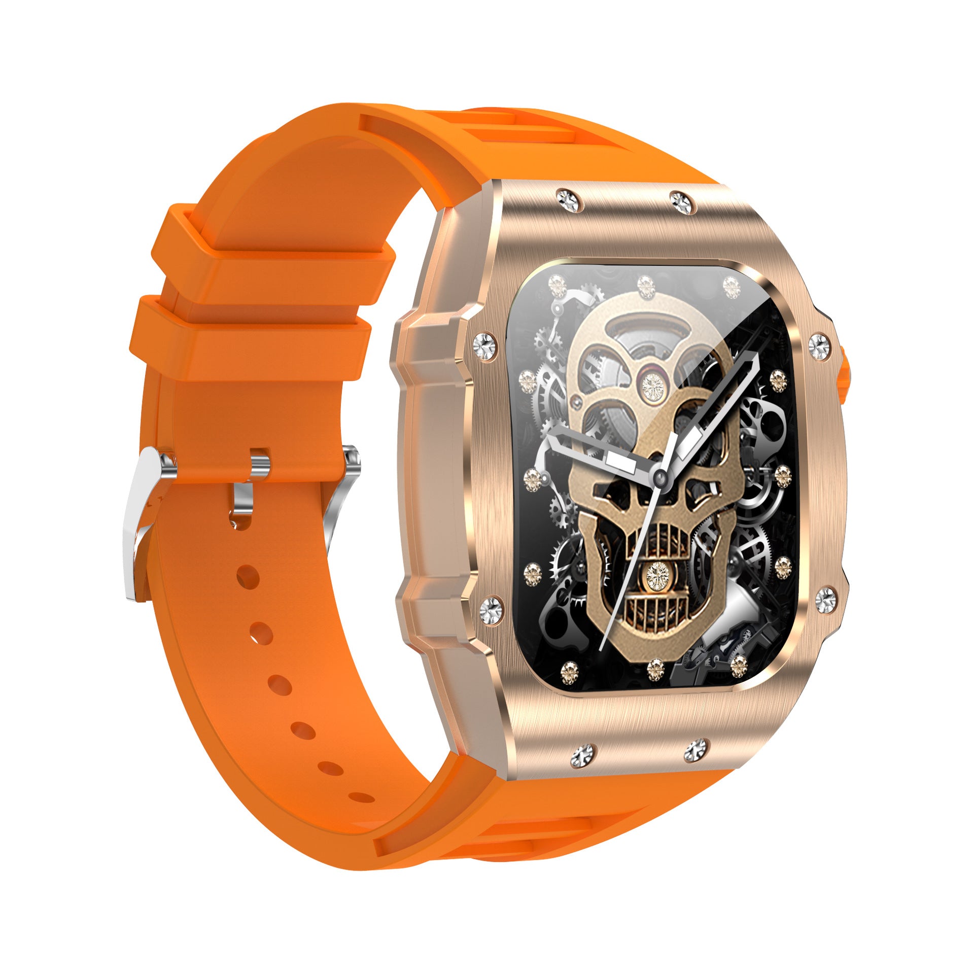 Watch with orange strap and gold skeleton face on white background