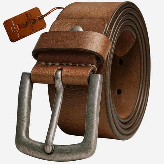 men's full grain brown leather belt for men with classic metal buckle
