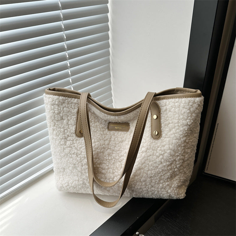 beige plush tote shoulder bag with beige shoulder straps