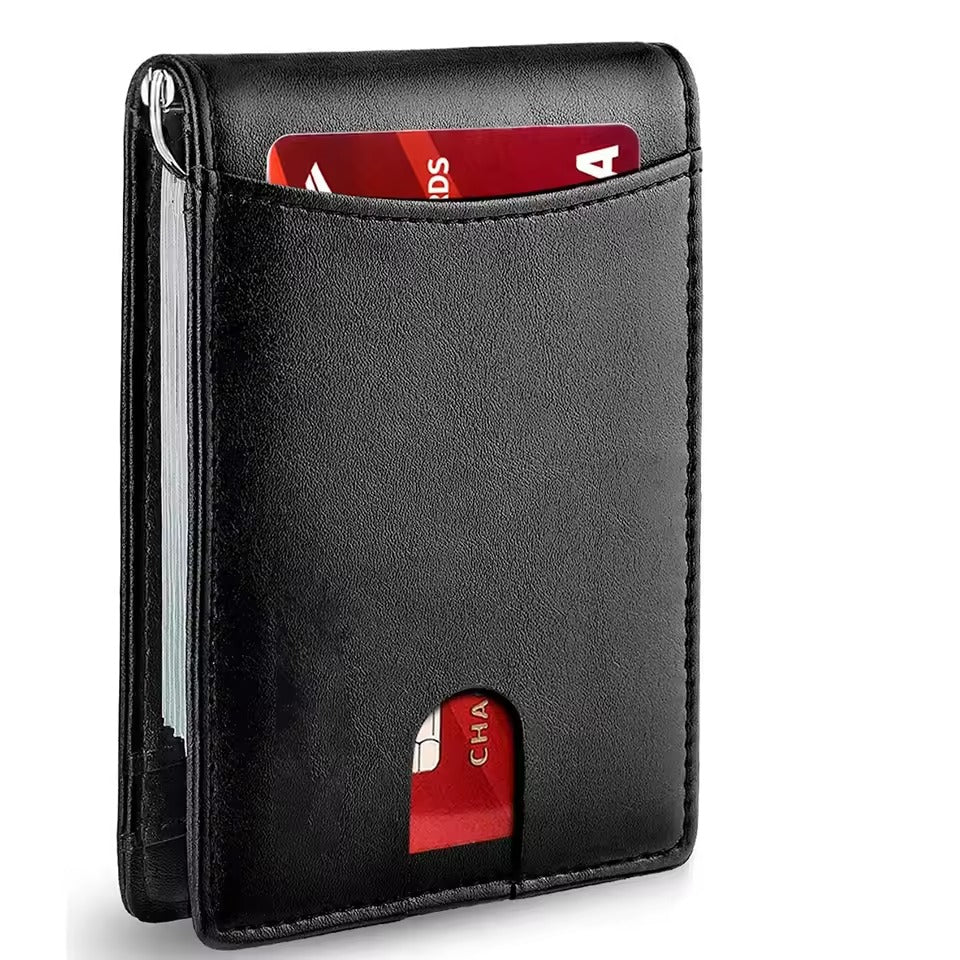 Black RFID slim money clip wallet with front quick-access card slot and visible card.