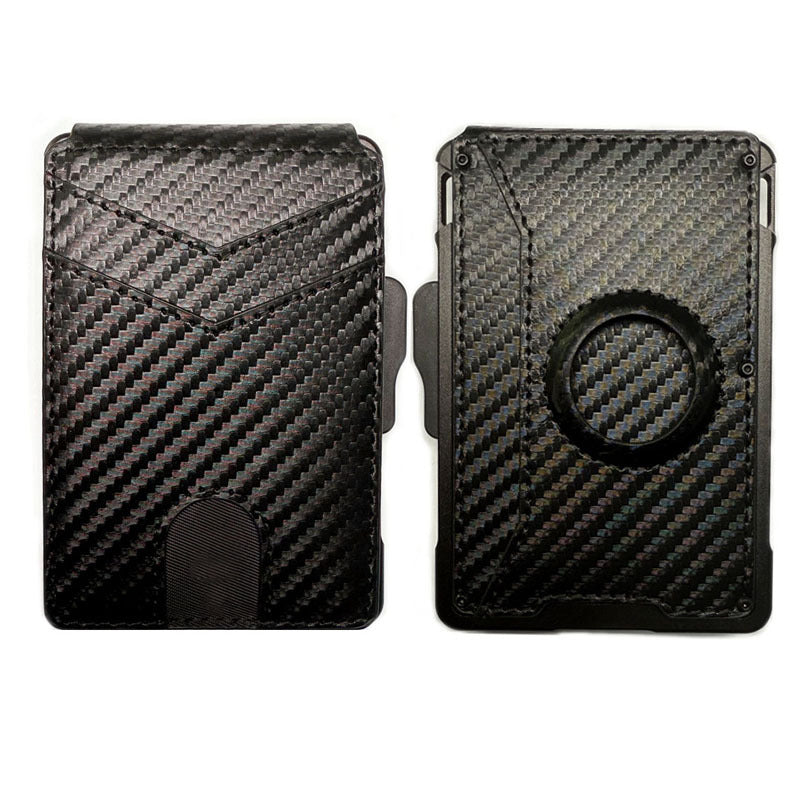 Carbon fiber pattern wallet with AirTag slot and exterior card pocket.
