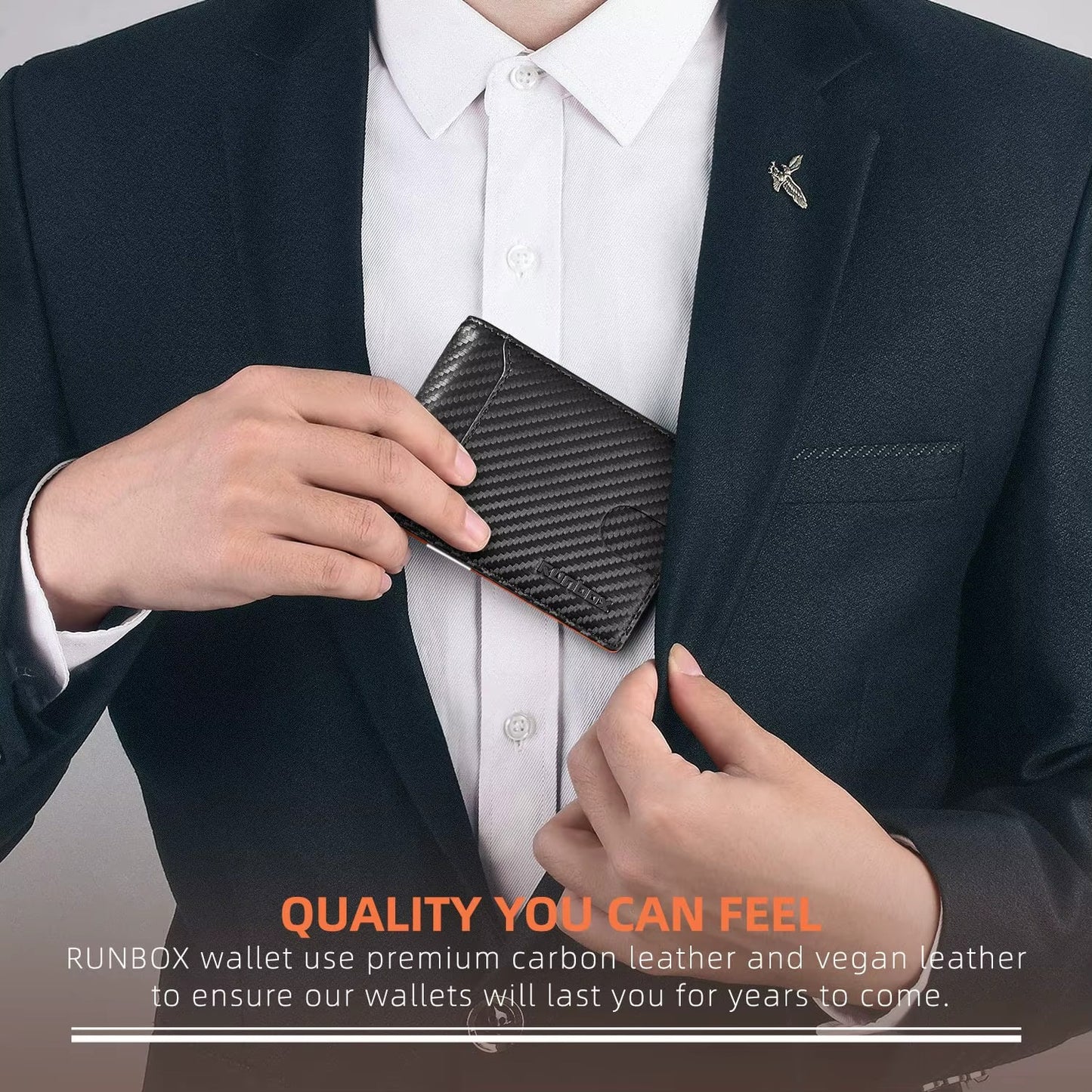 Person in a suit holding a carbon fiber pattern bifold wallet with a slim profile for everyday carry.