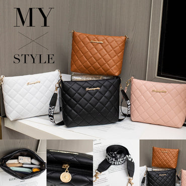 Open diamond grid shoulder bag showing storage space for everyday essentials, and showing all four colors.