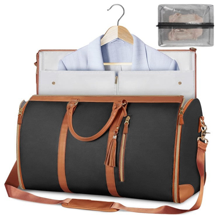 Black foldable garment travel bag with shoulder strap and zip closure