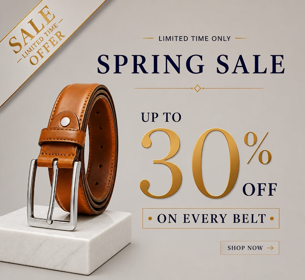 Brown leather belt on a white platform with spring sale text and offer details.