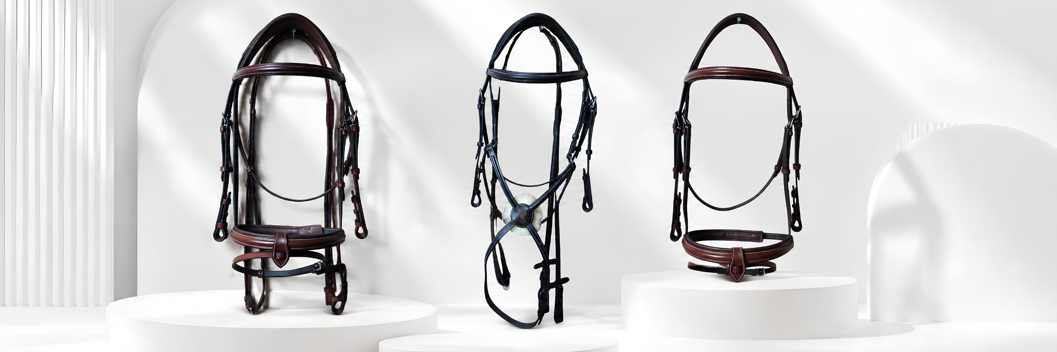 Horse bridle collection featuring premium leather English bridles in black and brown with padded nosebands, adjustable fittings, and durable craftsmanship for riding, training, and competition.
