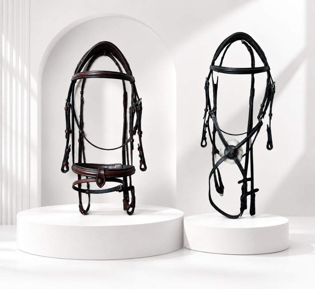 Premium leather English bridles in black and brown designed for comfort, durability, and performance in dressage, training, show jumping, and everyday riding.