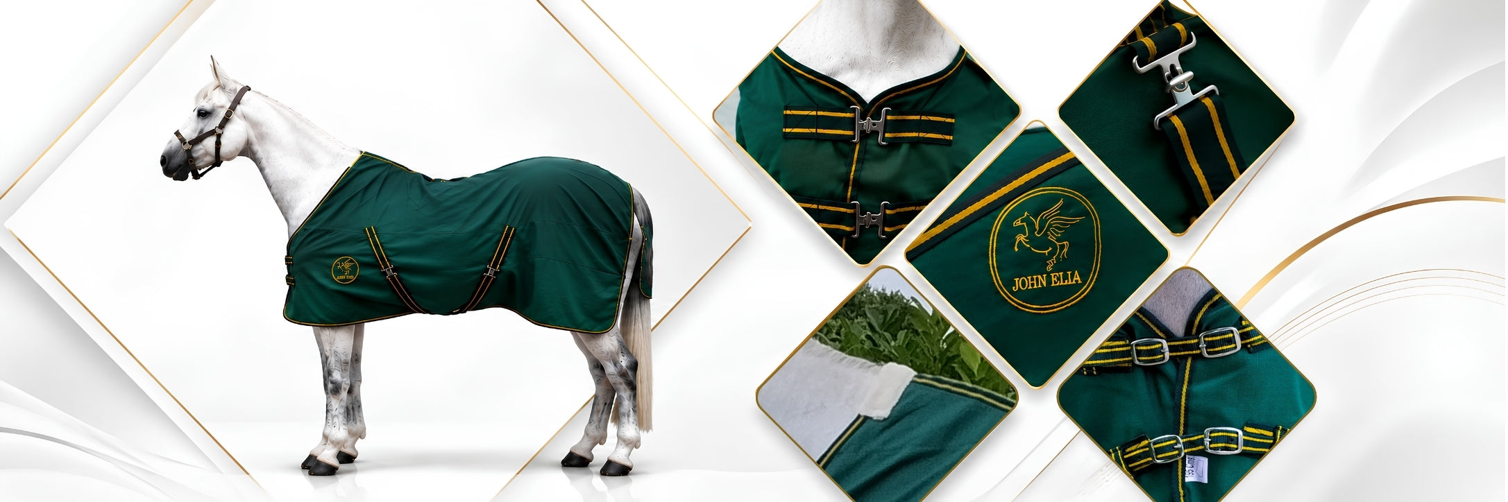 John Elia green horse blanket and fleece horse rug on a white horse, featuring premium equestrian design, adjustable straps, embroidered logo, and detailed craftsmanship for horse blanket collection.