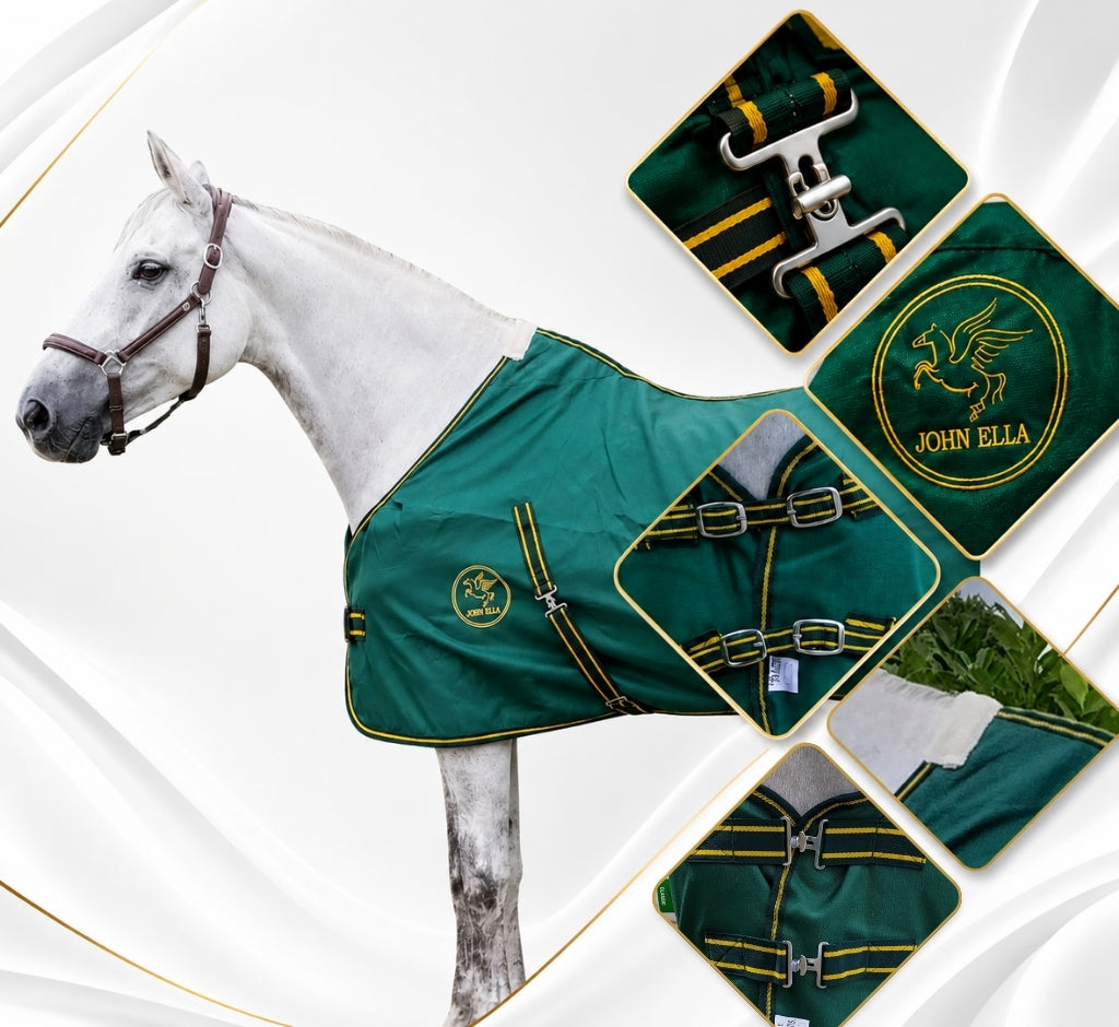John Elia premium green horse blanket and fleece horse rug displayed on a white horse with close-up details of buckles, straps, embroidery, and soft fleece lining for equestrian horse blanket collection.