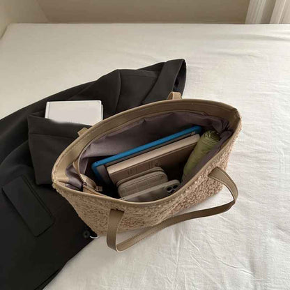 Large-capacity plush tote shoulder bag holding everyday essentials