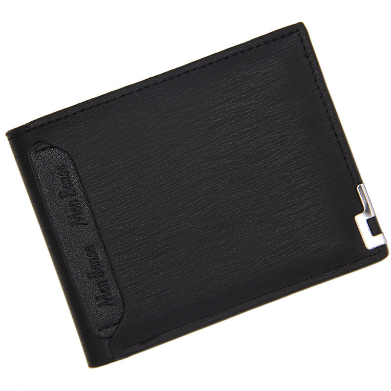 Black menbense short PU wallet with bi-fold design and metal corner detail.