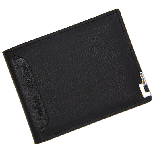 Black menbense short PU wallet with bi-fold design and metal corner detail.