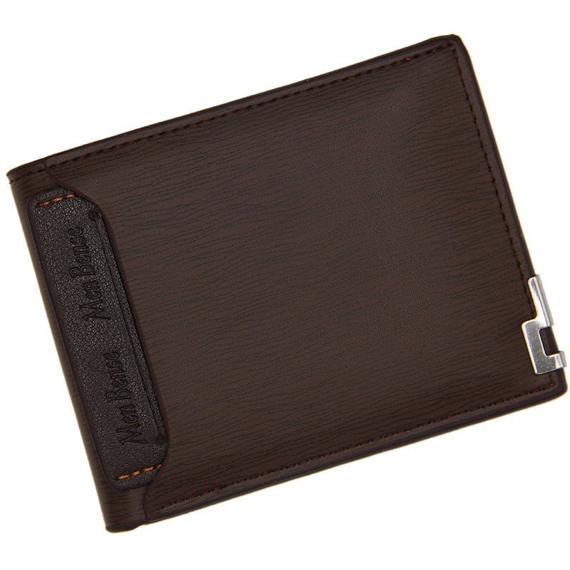 Coffee menbense short PU wallet with bi-fold design and metal corner detail.