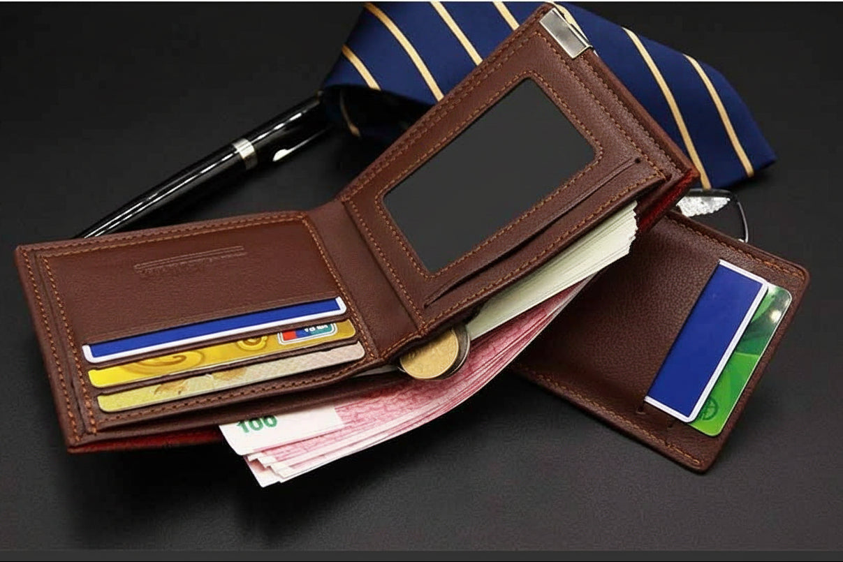 Open wallet interior showing card slots, ID window, storage compartments and a removable card holder section.