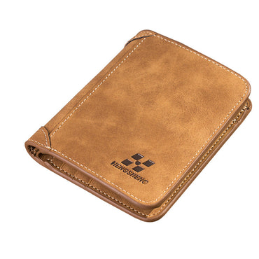 Brown men's card holder wallet with foldable design and front logo.