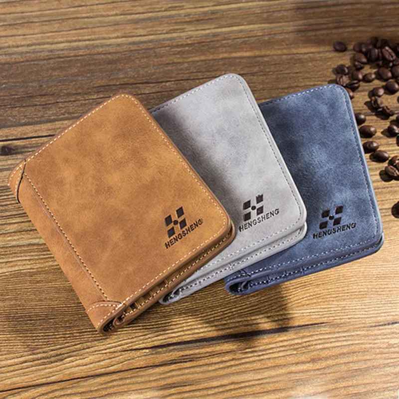 Men's card holder wallets shown in brown, light grey and blue color options.