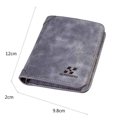 Grey men's card holder wallet displayed with size measurements.
