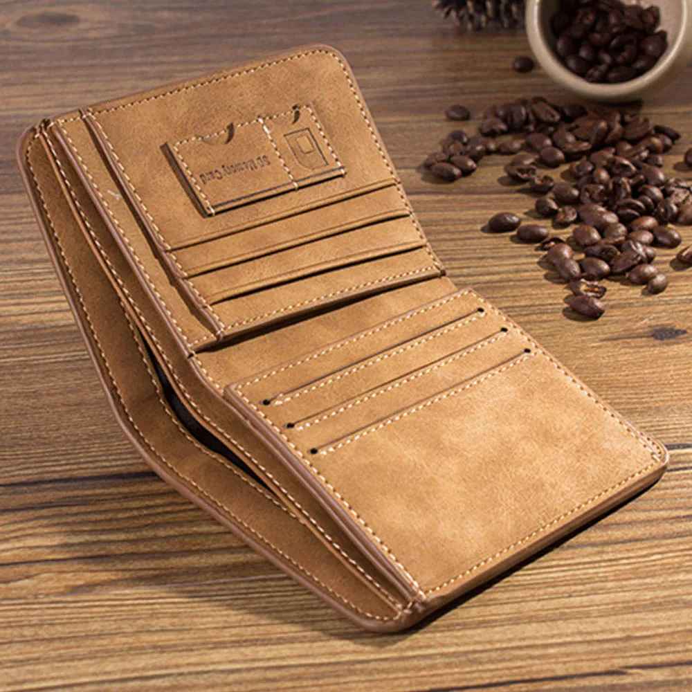 Open men's wallet showing multiple card slots and interior compartments.
