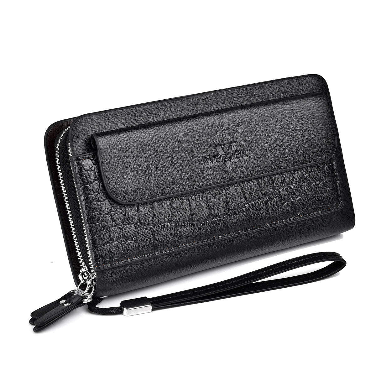 Black men's double zip wallet with textured front panel and wrist strap