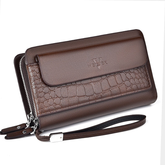 Brown men's double zip wallet with textured front panel and wrist strap