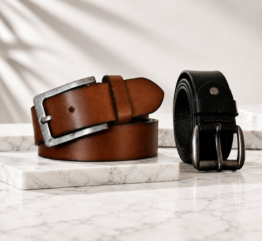 Premium men's leather belts in black and brown featuring full grain leather, classic metal buckles, and versatile designs for everyday, business, and formal wear.